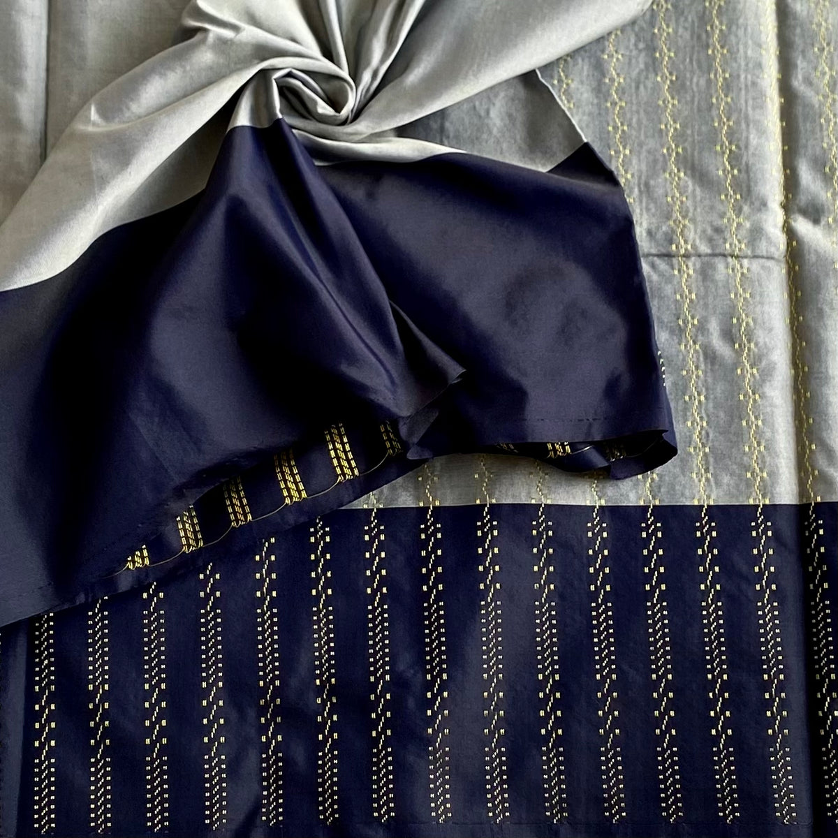 Silver Gray Soft Mixed Silk Saree Navy Blue Pallu Gold Stripes