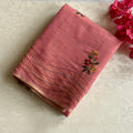 Dusty Rose Floral Embroidered Saree With Gold Border And Tassels