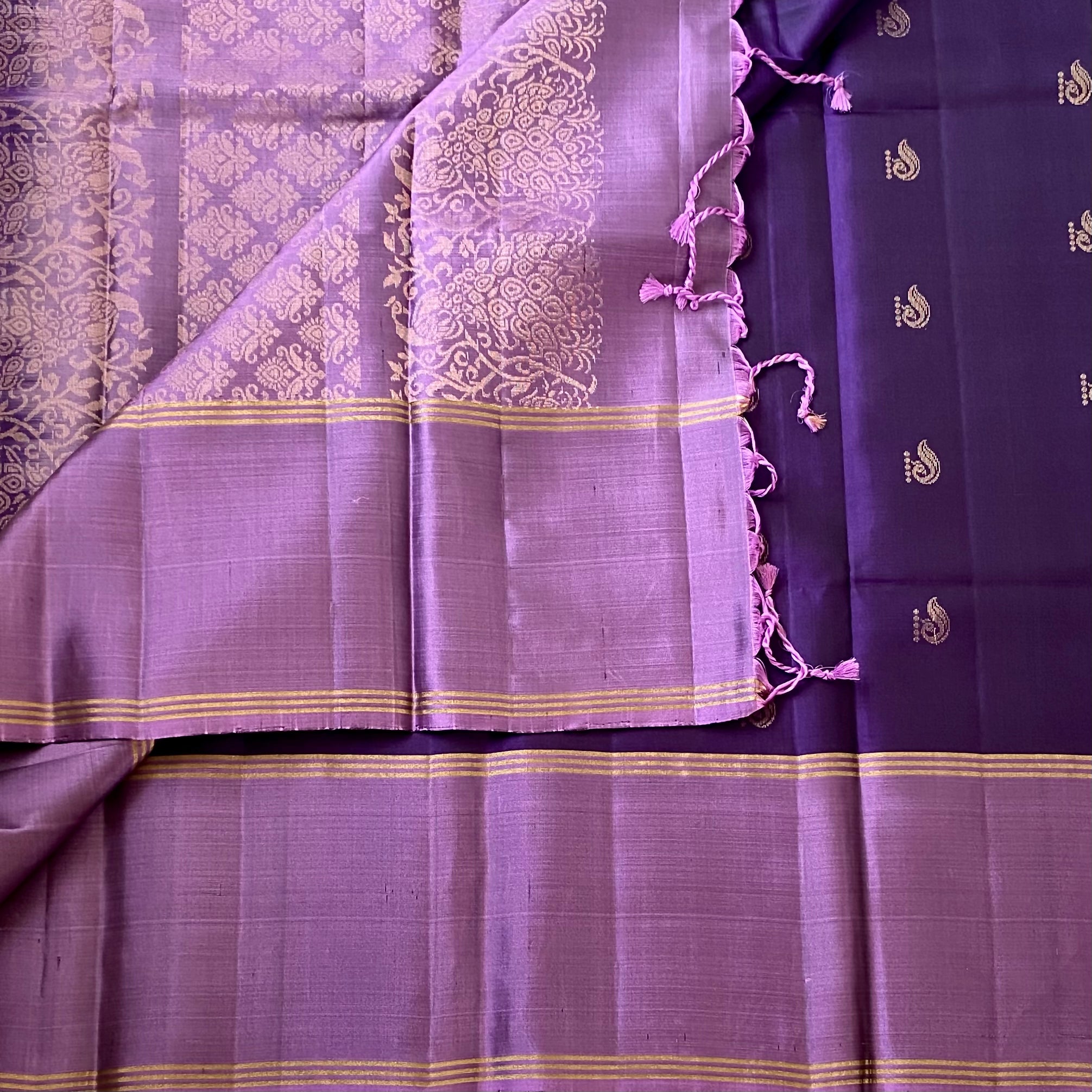 Elegant Amethyst Purple Silk Saree Antique Gold Paisley Brocade Pallu