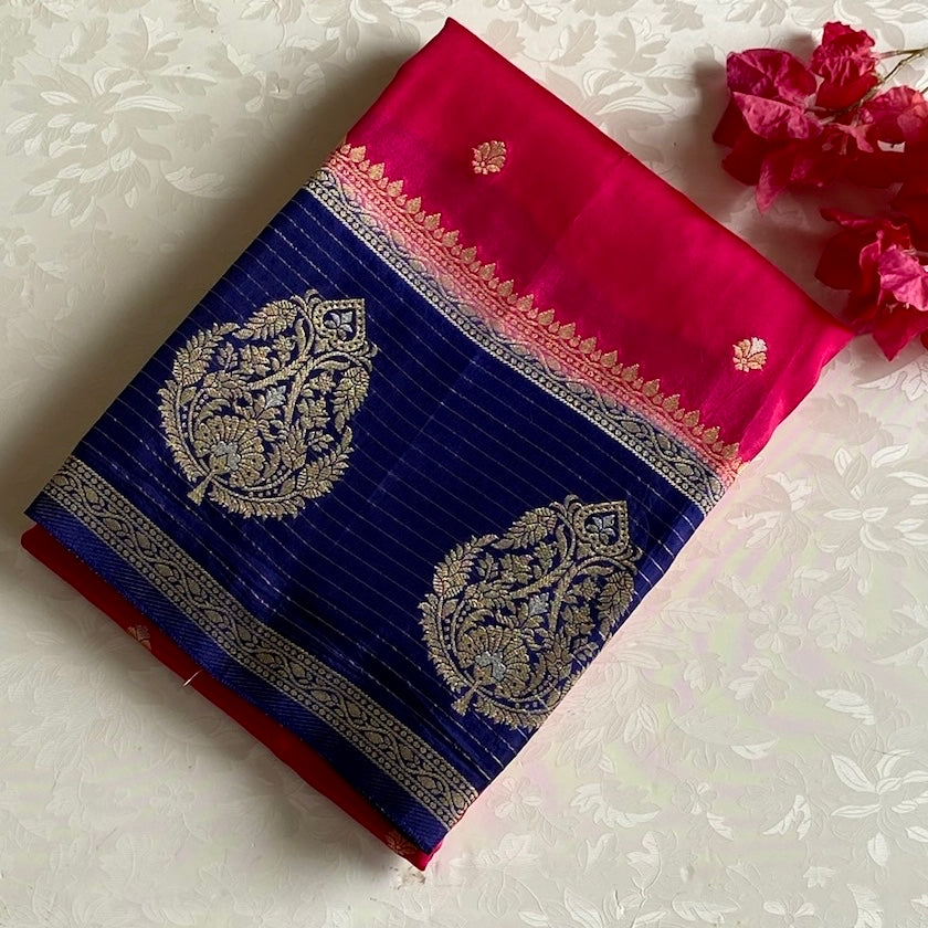 Rani Pink Soft Tussar Silk Saree With Navy Blue Pallu