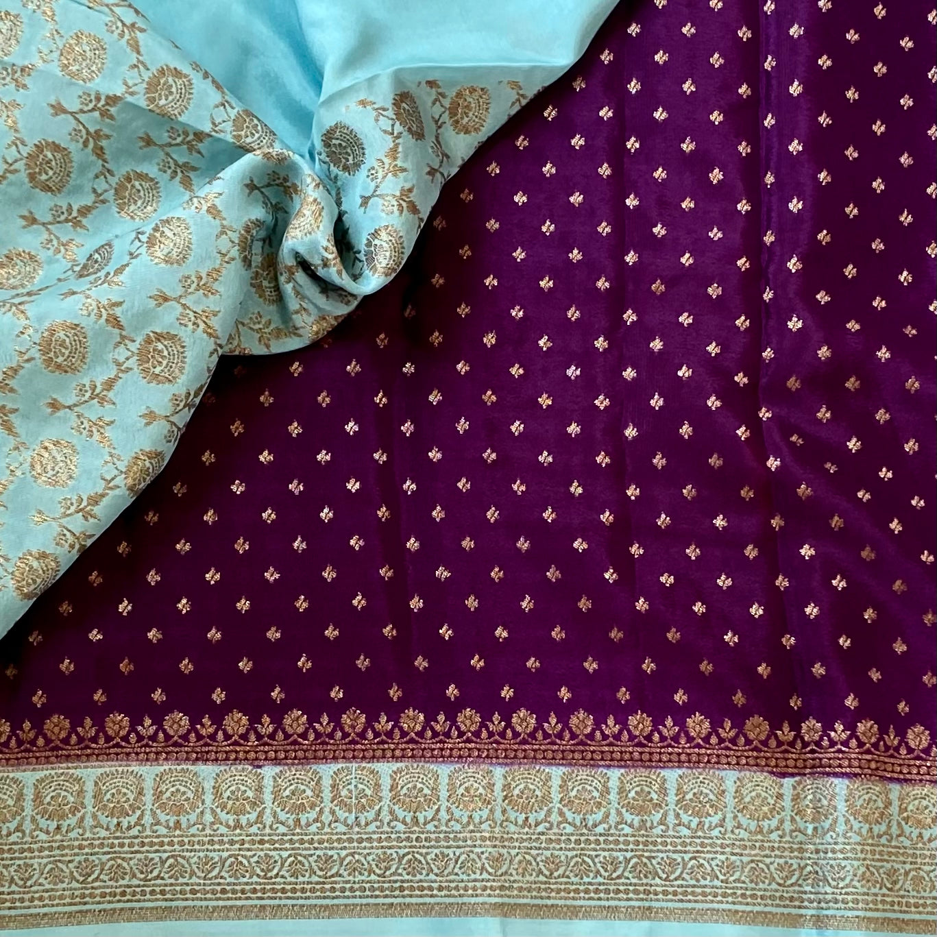 Turquoise Gold Banarasi Silk Saree with Purple Contrast Blouse Piece