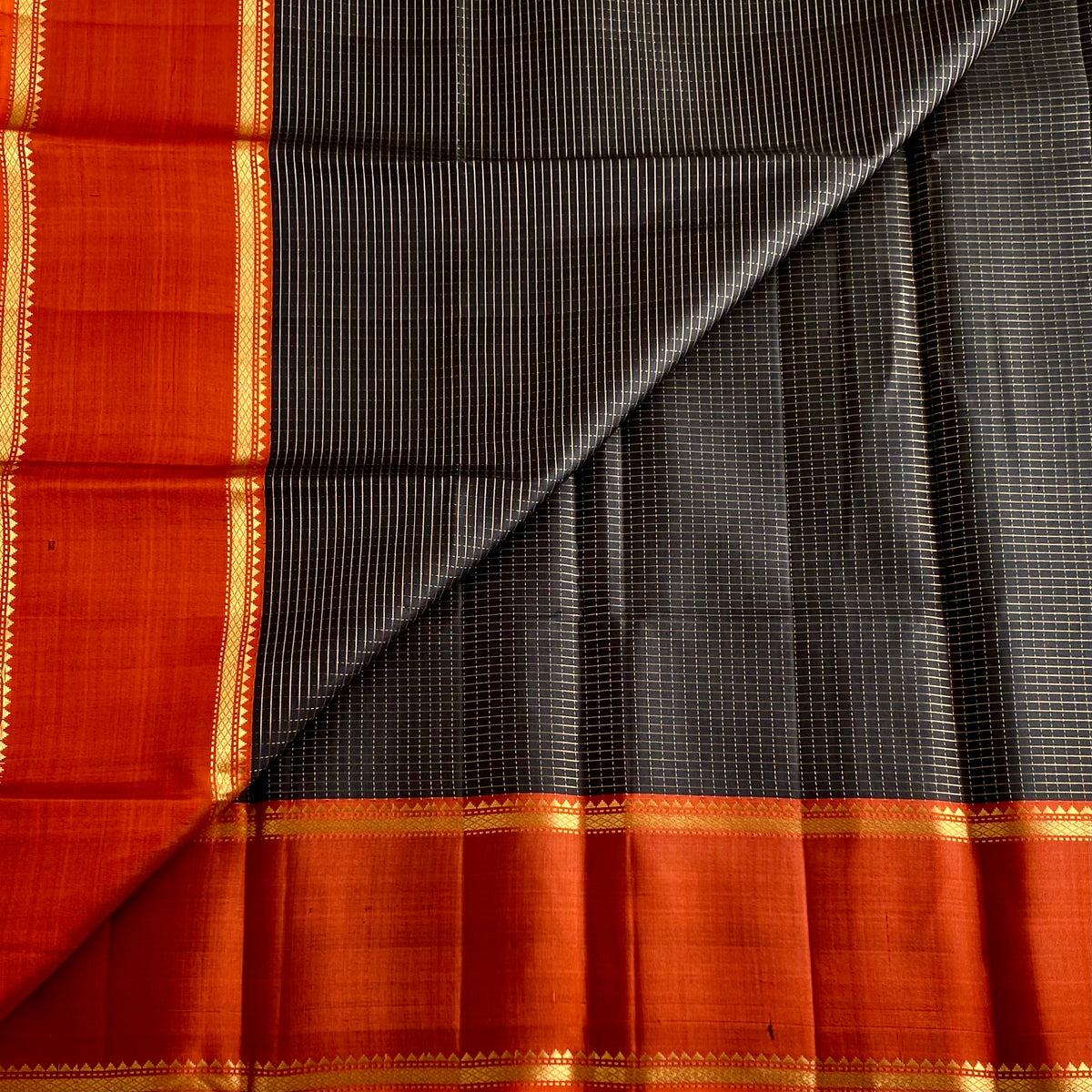 Designer Pure Silk Saree With Charcoal Black And Burnt Orange Pallu