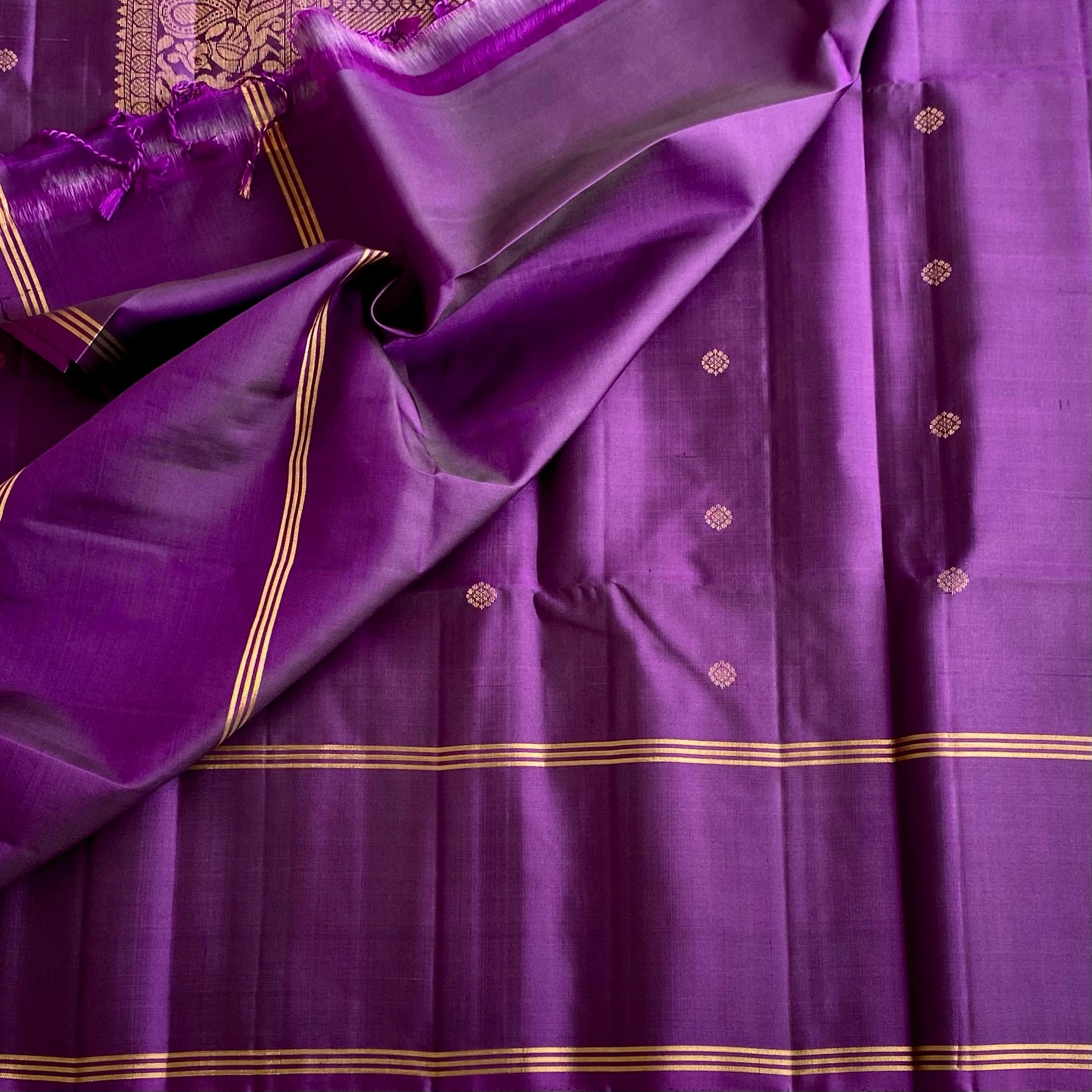 Royal Purple Designer Pure Silk Saree With Antique Gold Zari Pallu