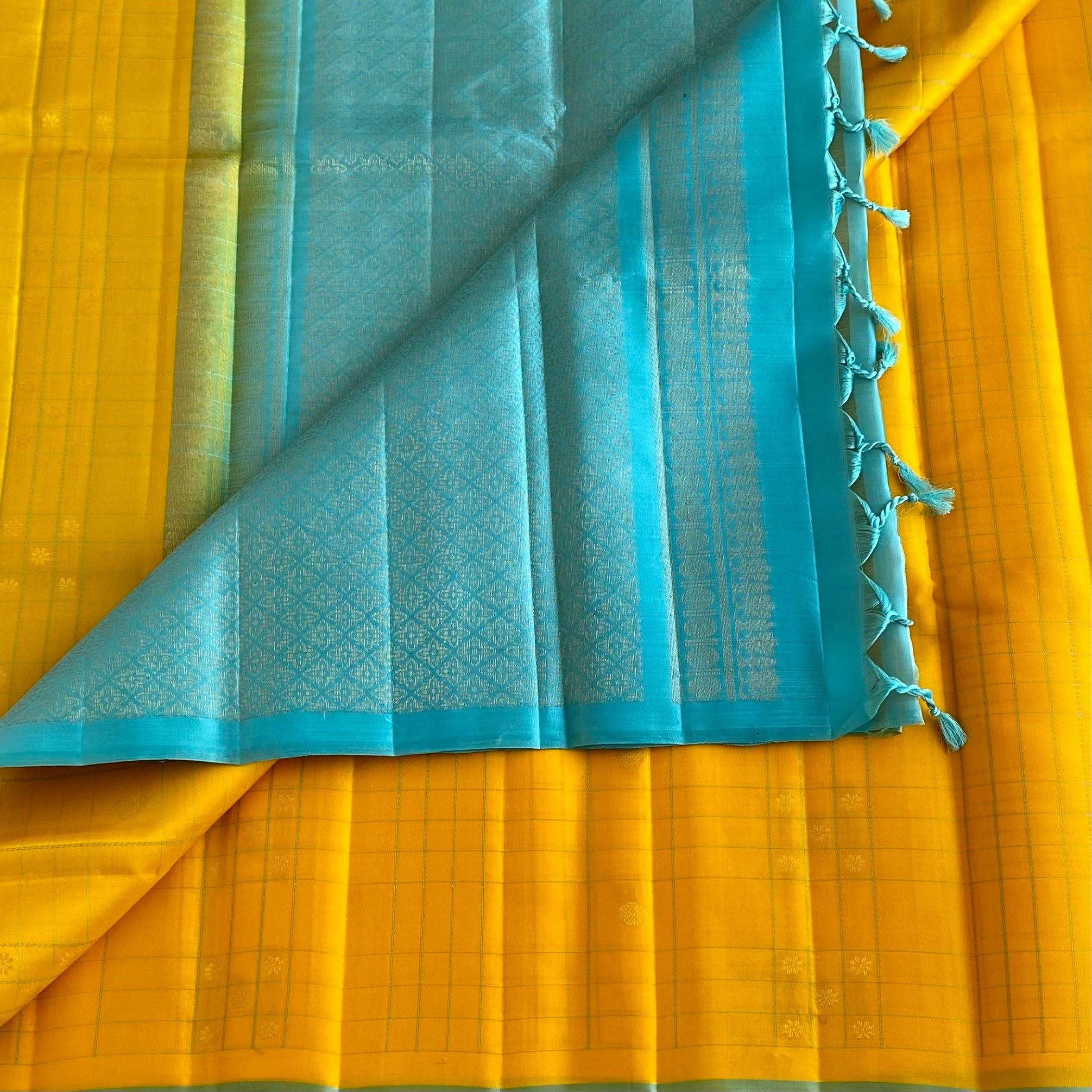 Golden Yellow Designer Pure Silk Saree With Turquoise Blue Pallu