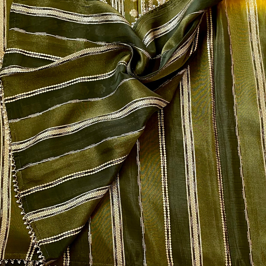Olive Green Silk Saree Mustard Pallu Gold Zari Striped Design