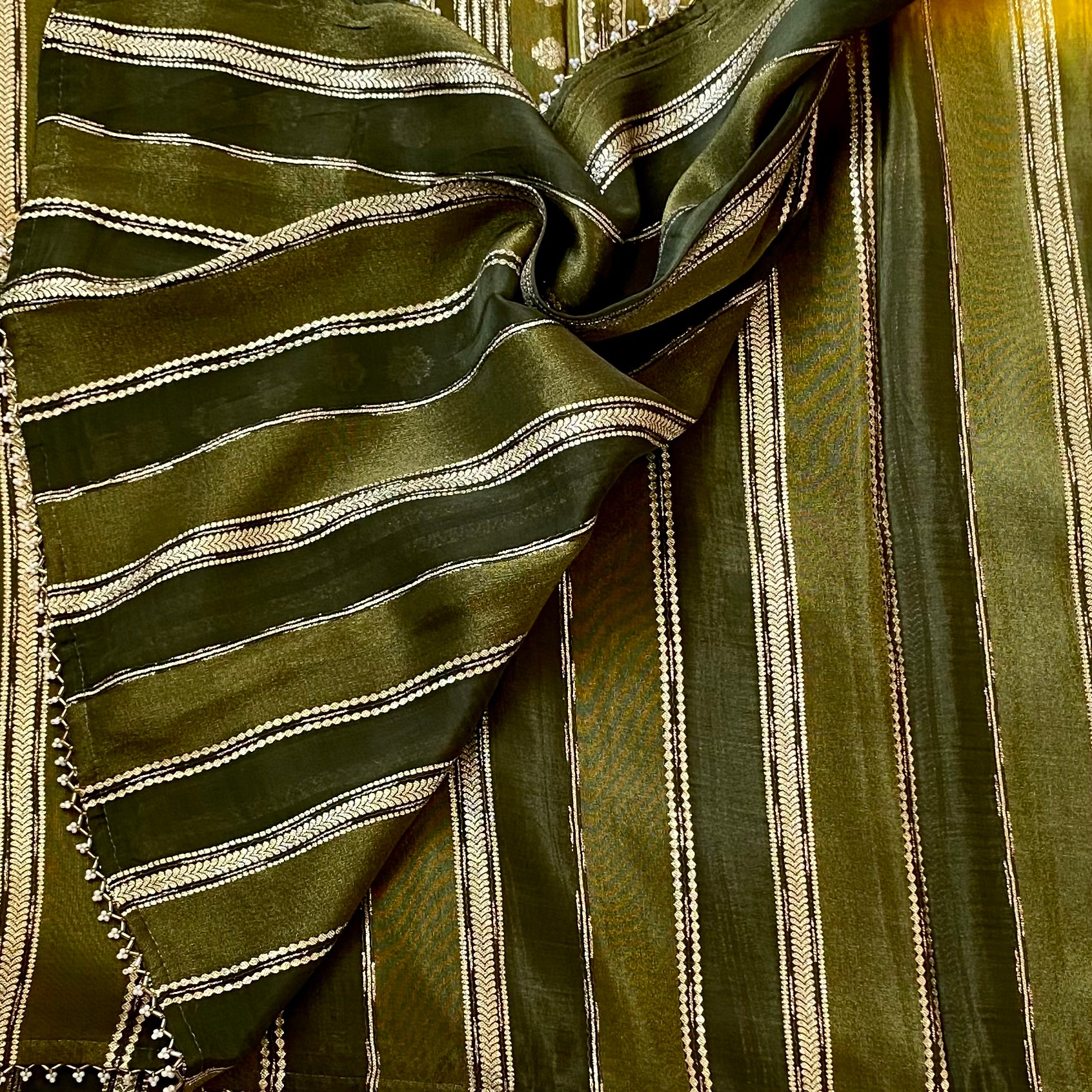 Olive Green Silk Saree Mustard Pallu Gold Zari Striped Design