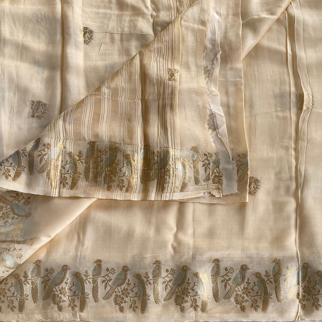 Cream Silk Saree Gold Parrot Border Floral Buta Striped Pallu