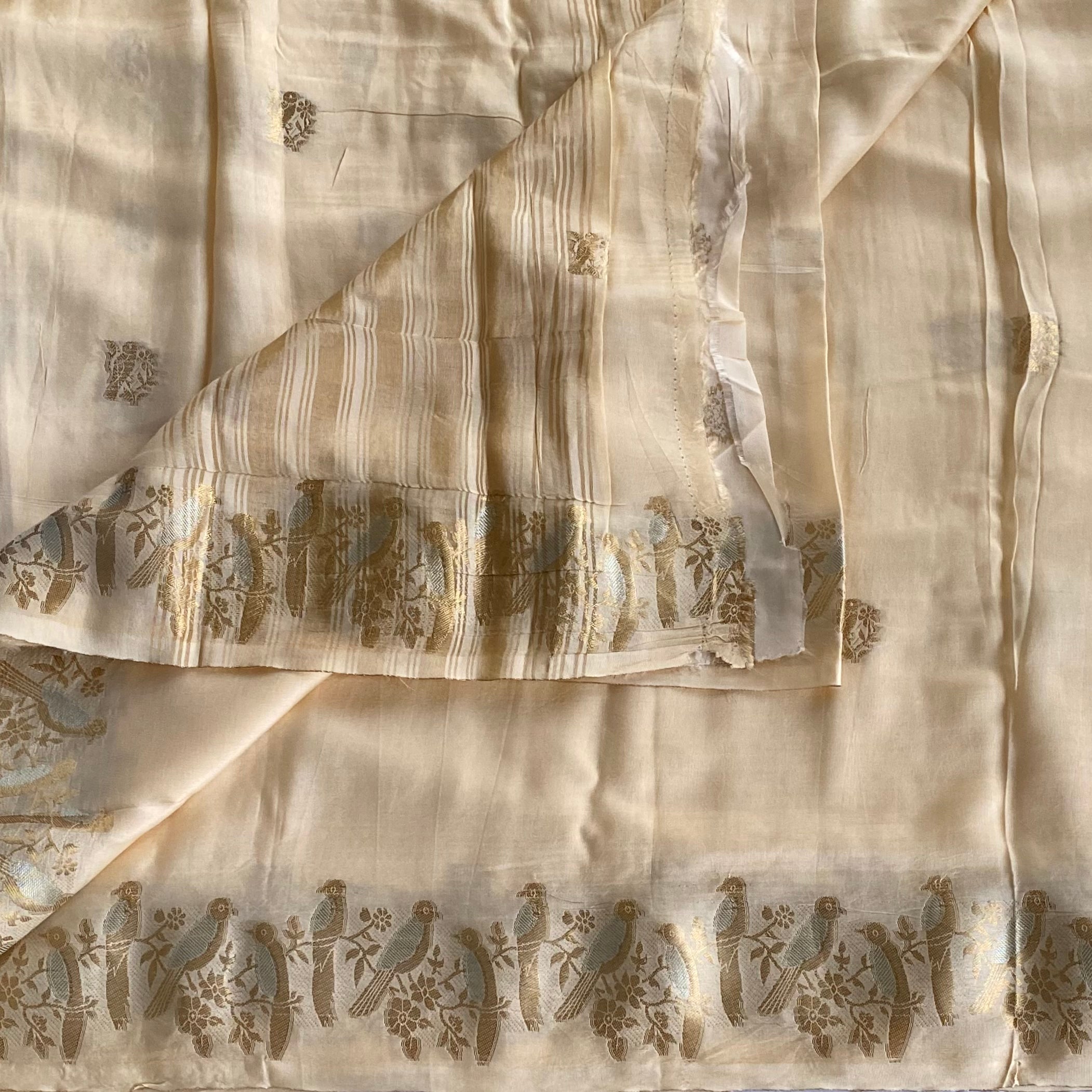 Cream Silk Saree Gold Parrot Border Floral Buta Striped Pallu