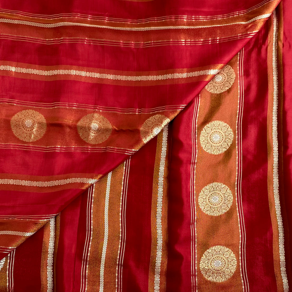 Deep Red Wine Soft Crepe Silk Saree With Antique Gold Medallion Pallu