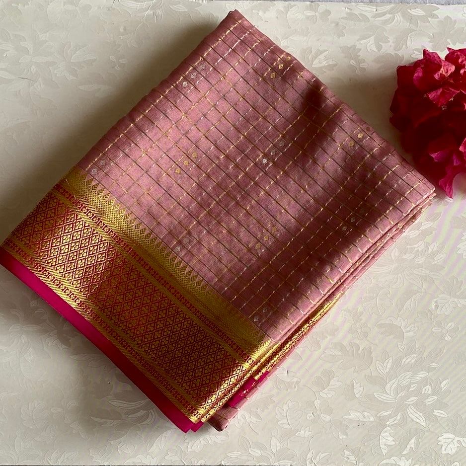 Blush Pink Mysore Crepe Silk Saree With Rani Pink Pallu