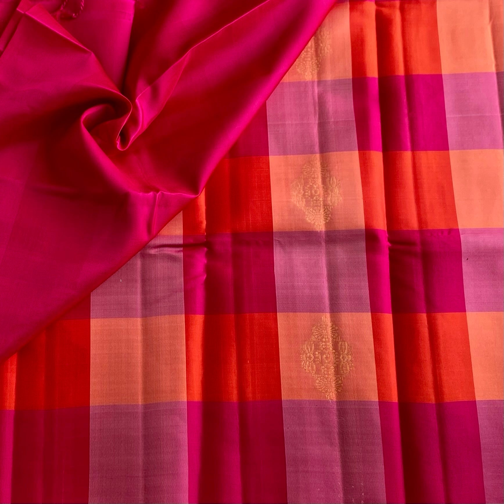 Rani Pink Designer Pure Silk Saree With Coral Orange And Mauve Pink Checks