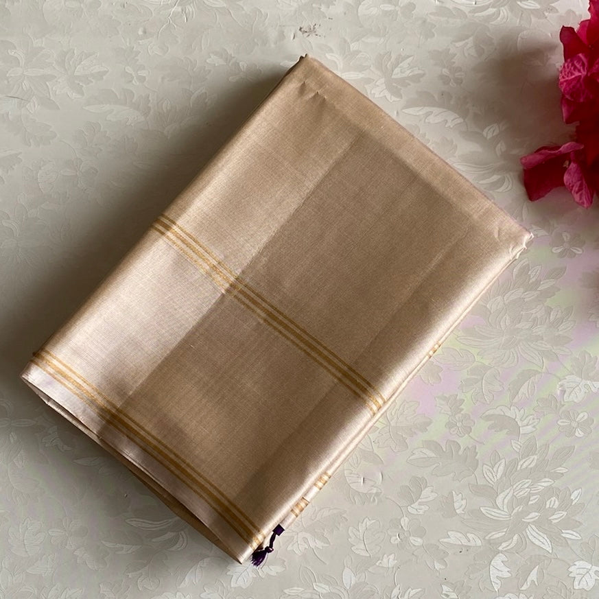 Champagne Beige Designer Pure Silk Saree With Royal Purple Pallu