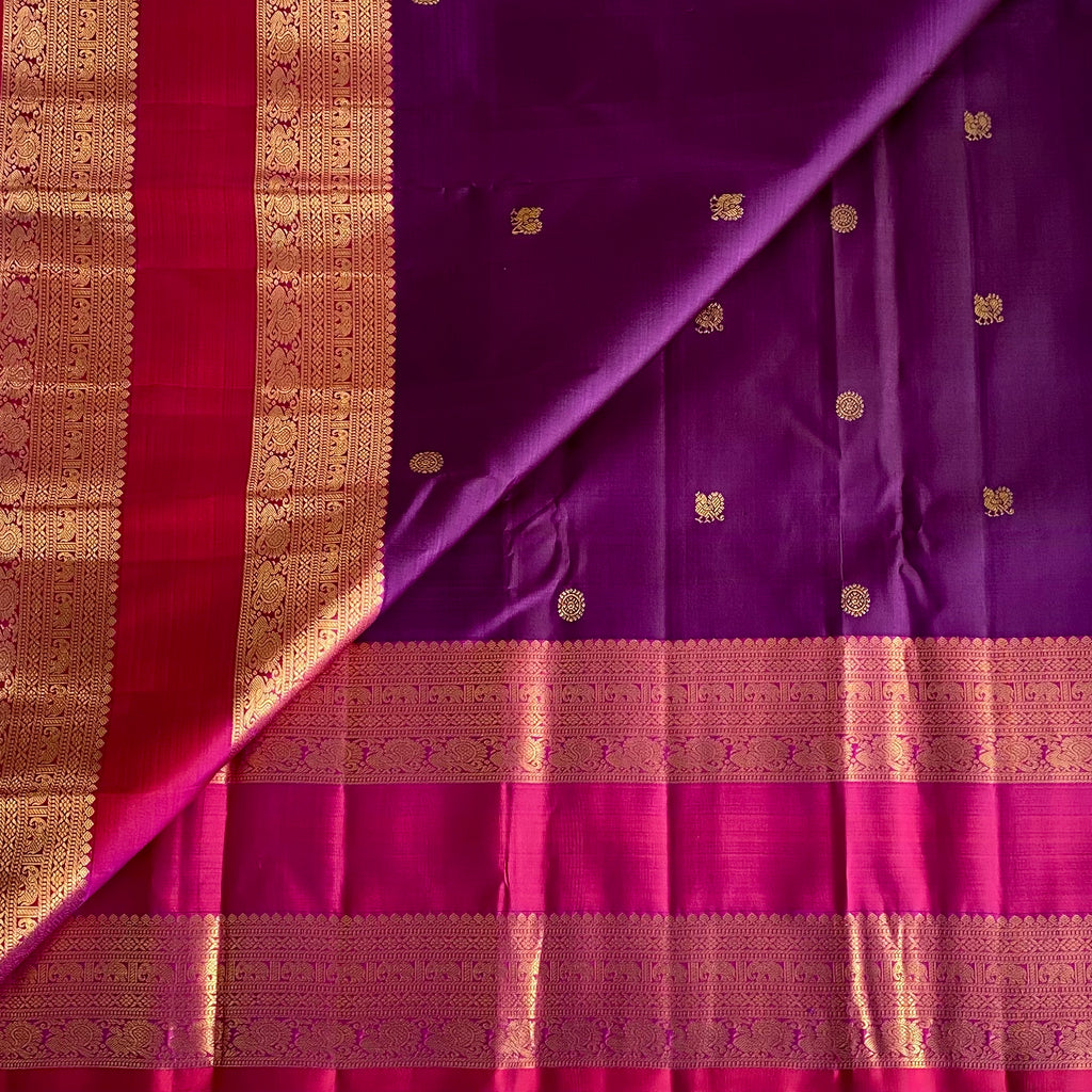 Royal Purple Kanjeevaram Pure Zari Silk With Magenta Retta Petta Borders