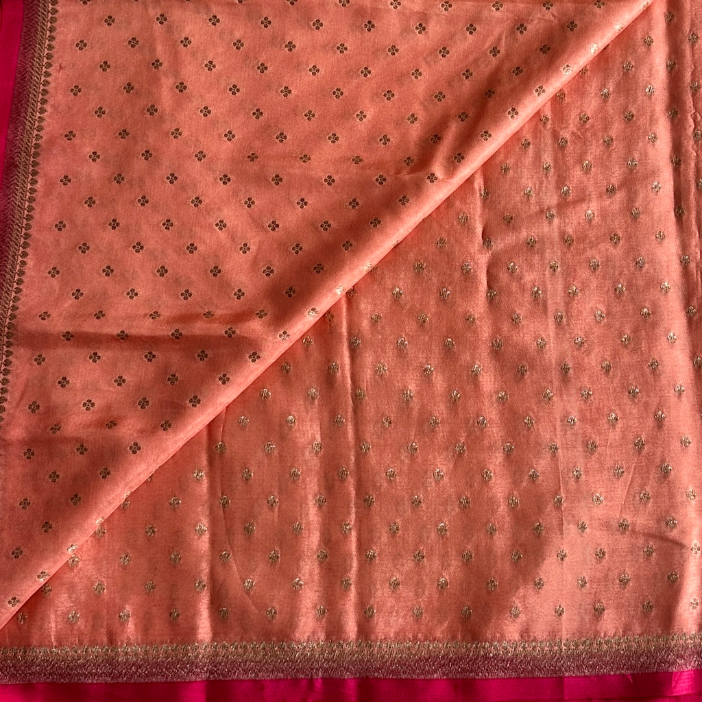 Peach Banarasi Crepe Silk Saree With Rani Pink Pallu