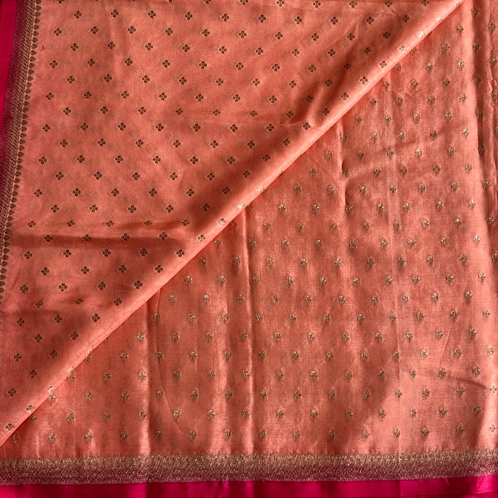 Peach Banarasi Crepe Silk Saree With Rani Pink Pallu