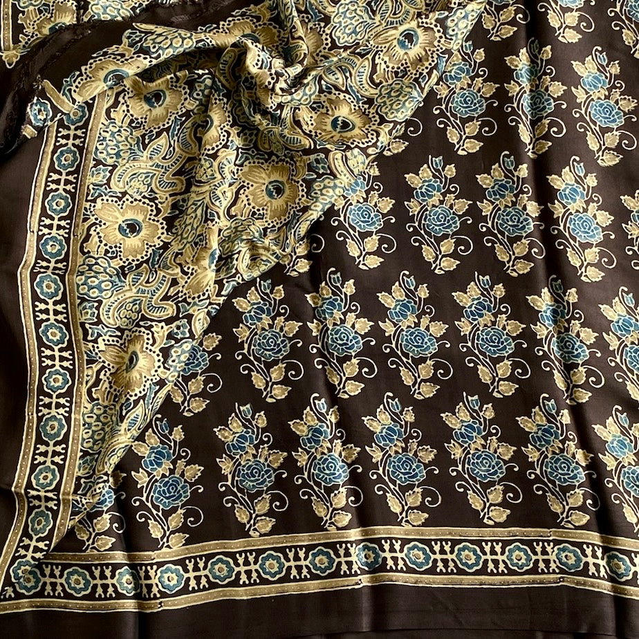 Deep Chocolate Brown Ajrakh Handblock Printed Silk Saree With Teal Blue Accents