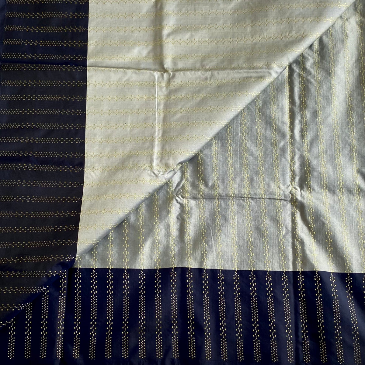 Silver Gray Soft Mixed Silk Saree Navy Blue Pallu Gold Stripes