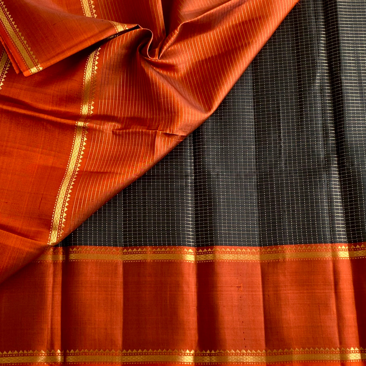 Designer Pure Silk Saree With Charcoal Black And Burnt Orange Pallu
