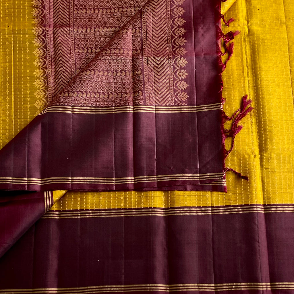 Mustard Yellow Designer Pure Silk Saree With Deep Wine Maroon Pallu