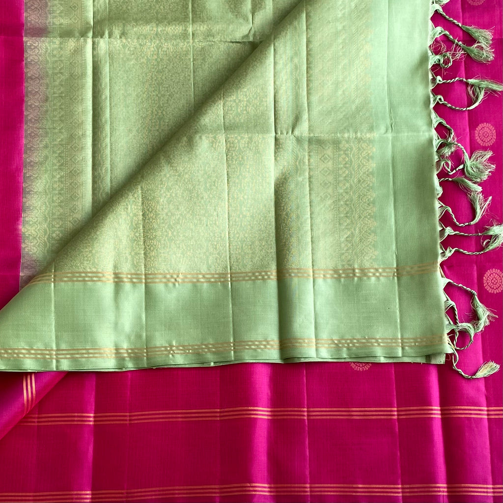 Vibrant Pink Designer Pure Silk Saree With Mint Green Pallu
