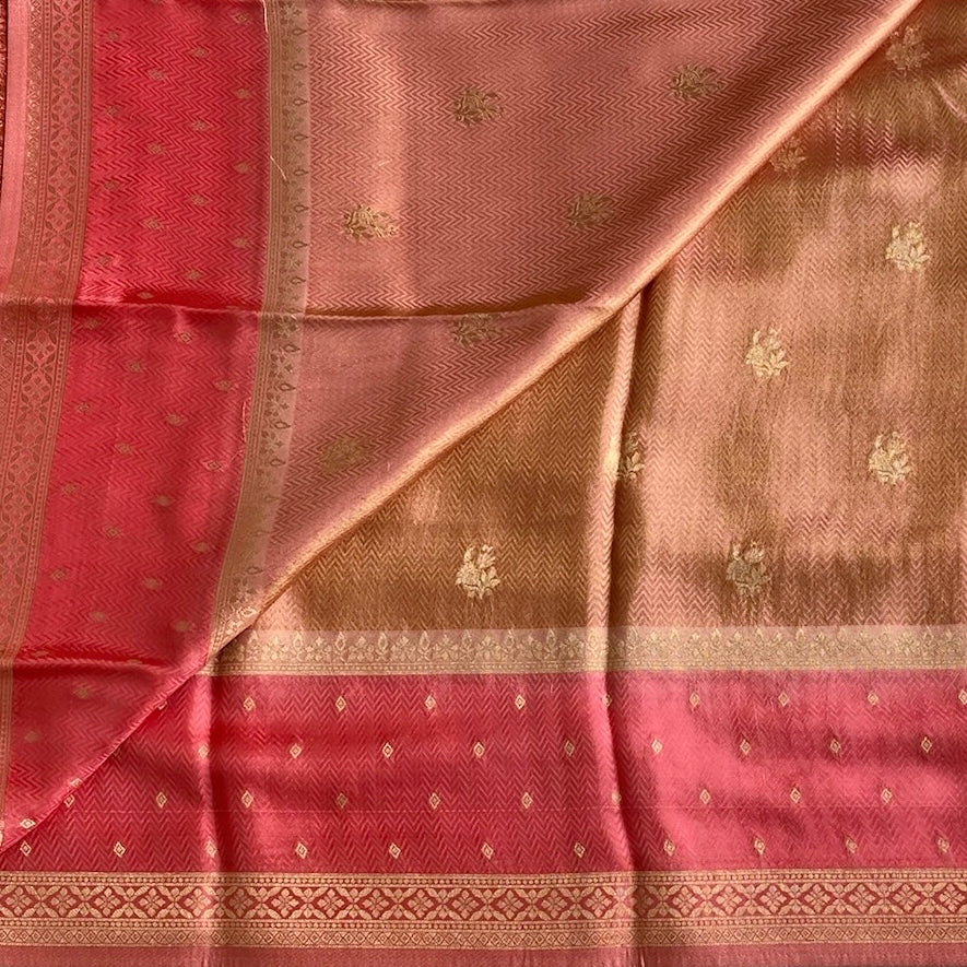 Copper Brown Soft Tussar Silk Saree With Rani Pink Pallu