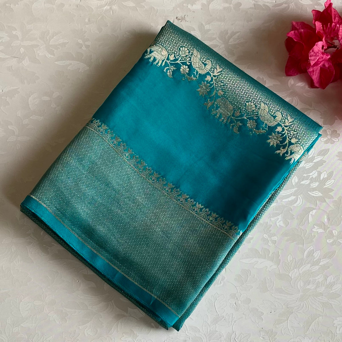 Teal Blue Soft Crepe Silk Saree With Navy Blue Border