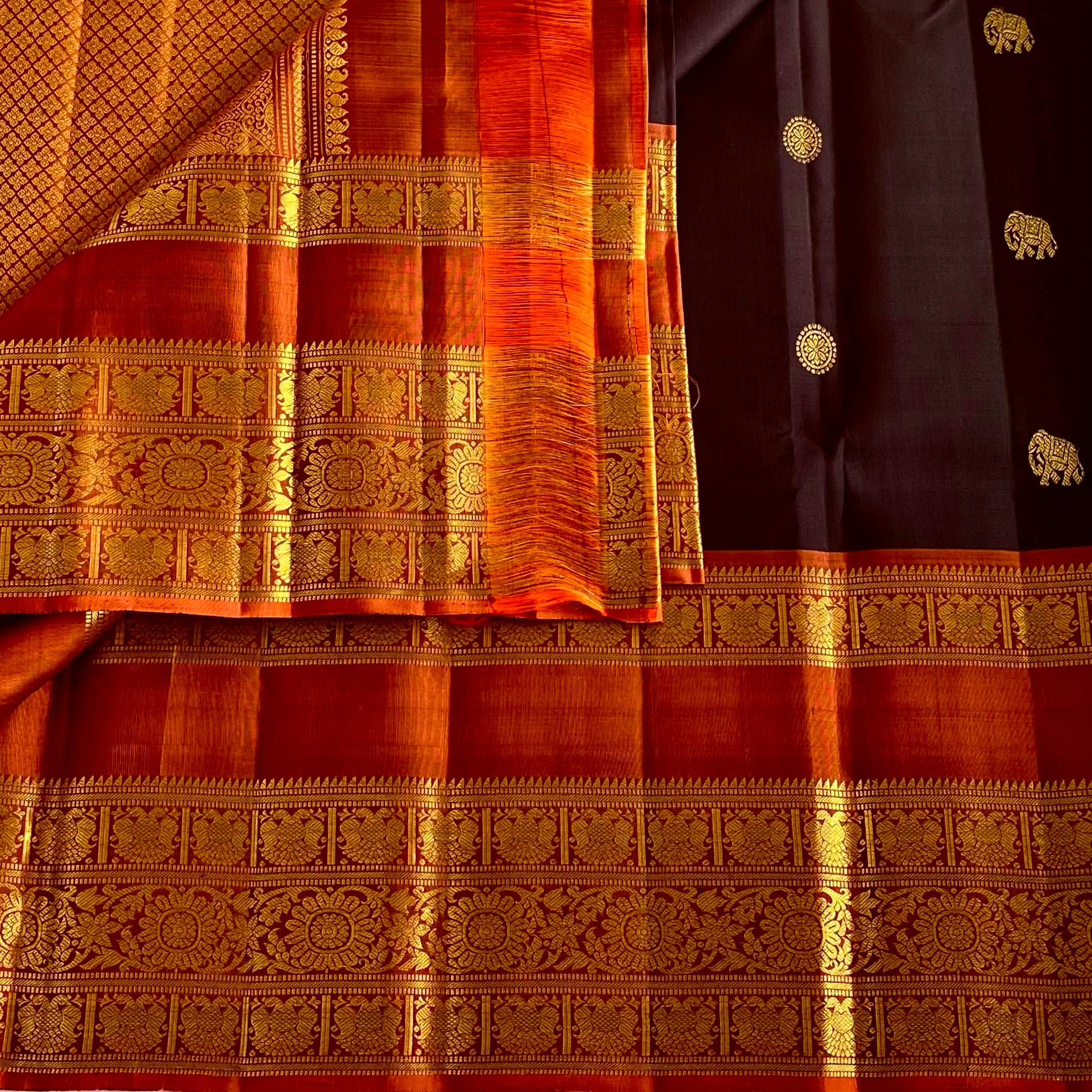 Dark Coffee Kanjeevaram Pure Zari Silk Saree With Burnt Orange Pallu