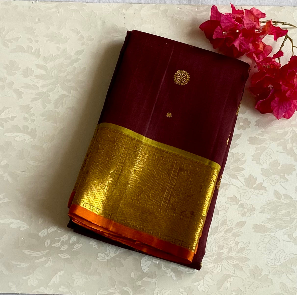 Golden Brocade Silk Saree with Maroon Pallu and Peacock Border