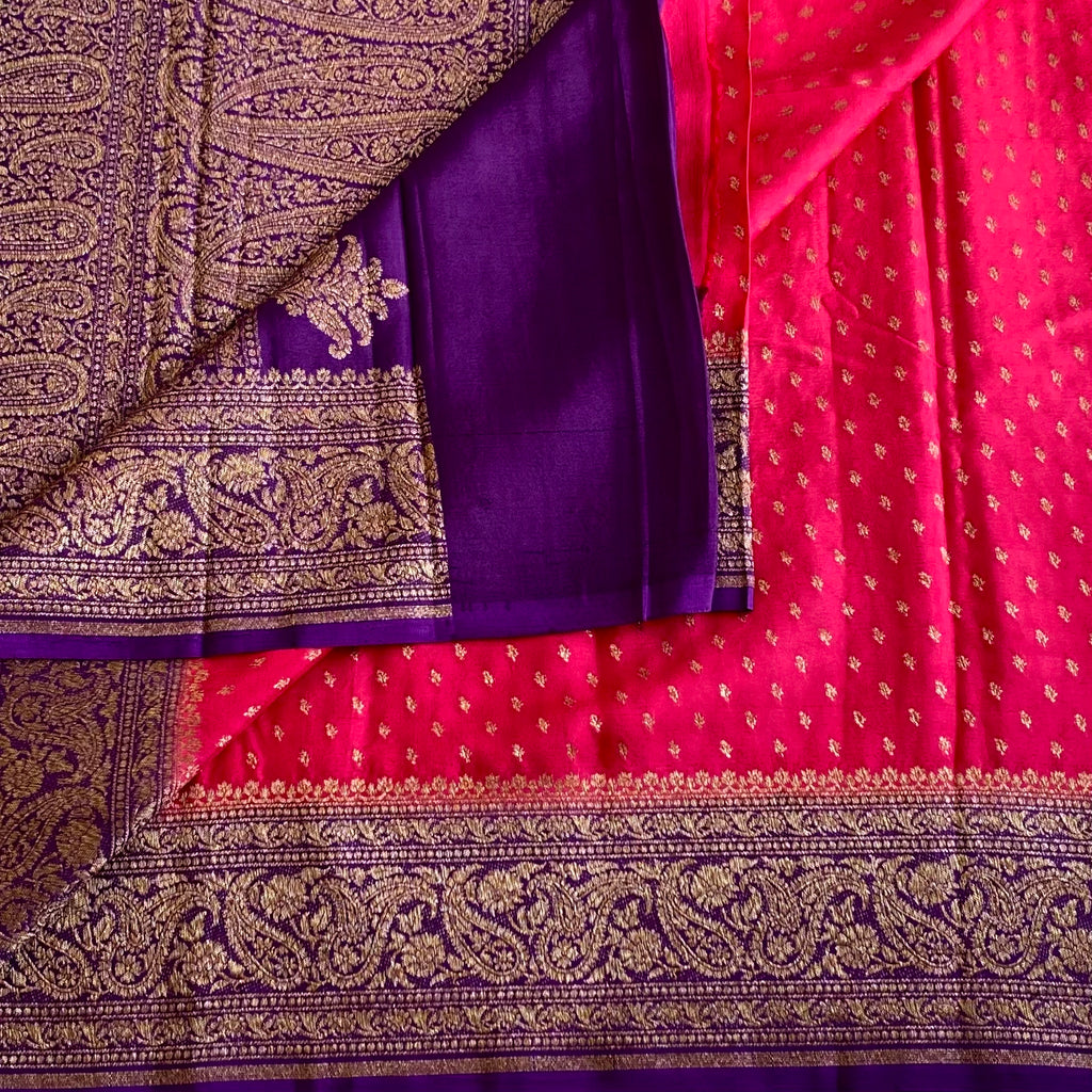 Strawberry Pink Banarasi Crepe Silk Saree With Royal Purple  Panel