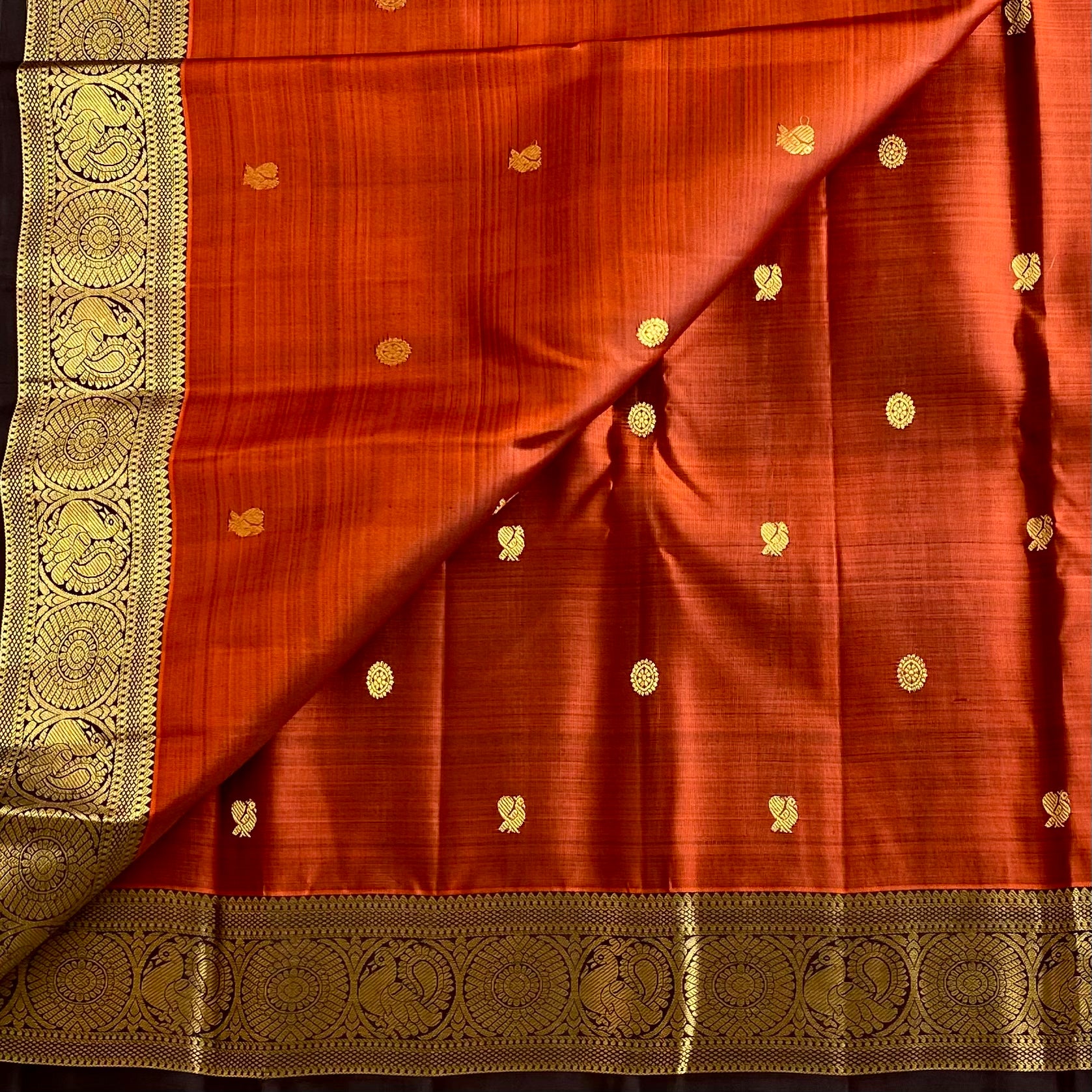 Burnt Orange With Coffee Brown Gold Kanjeevaram Pure Zari Silk Saree