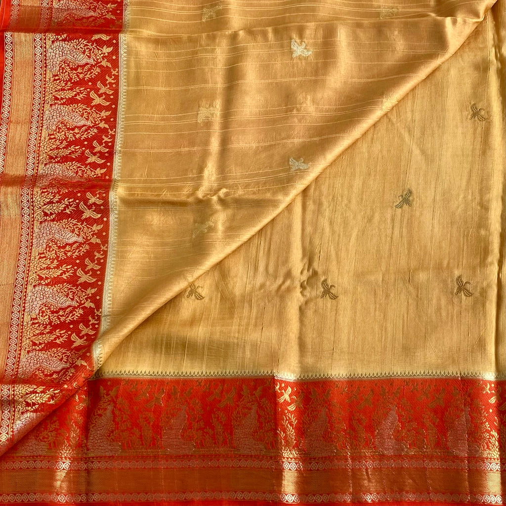 Yuma Antique Gold Soft Tussar Silk Saree With Vermilion Red Pallu