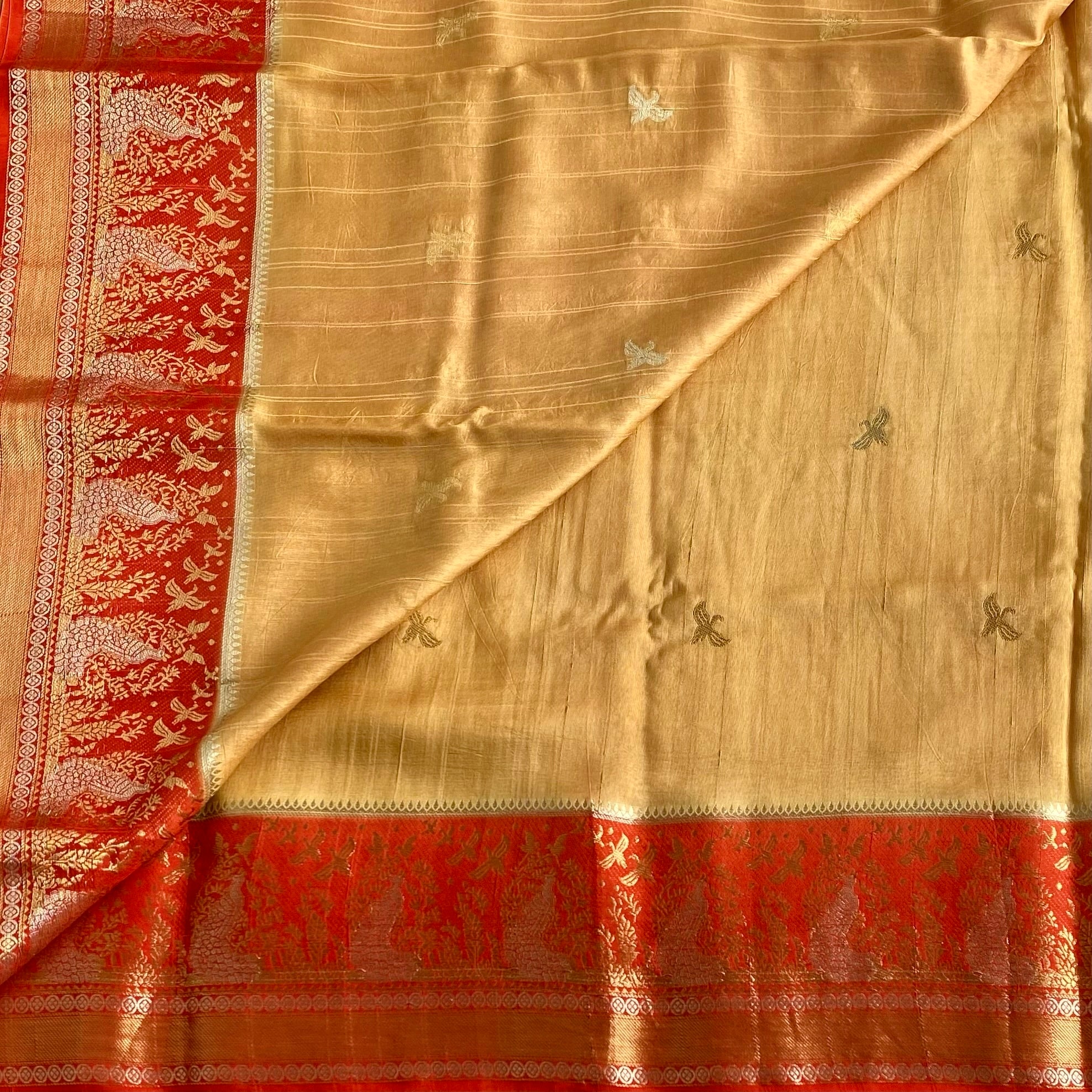 Yuma Antique Gold Soft Tussar Silk Saree With Vermilion Red Pallu