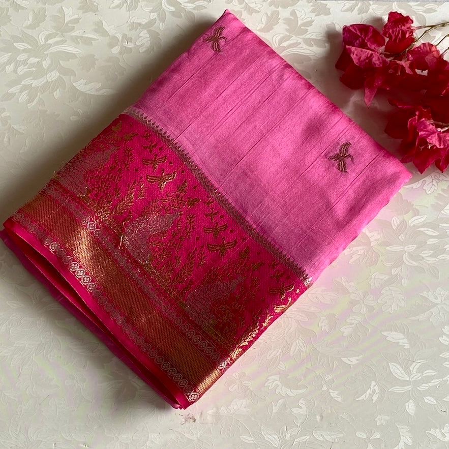 Deep Pink With Rani Pink Soft Tussar Silk Saree With Gold Zari Border