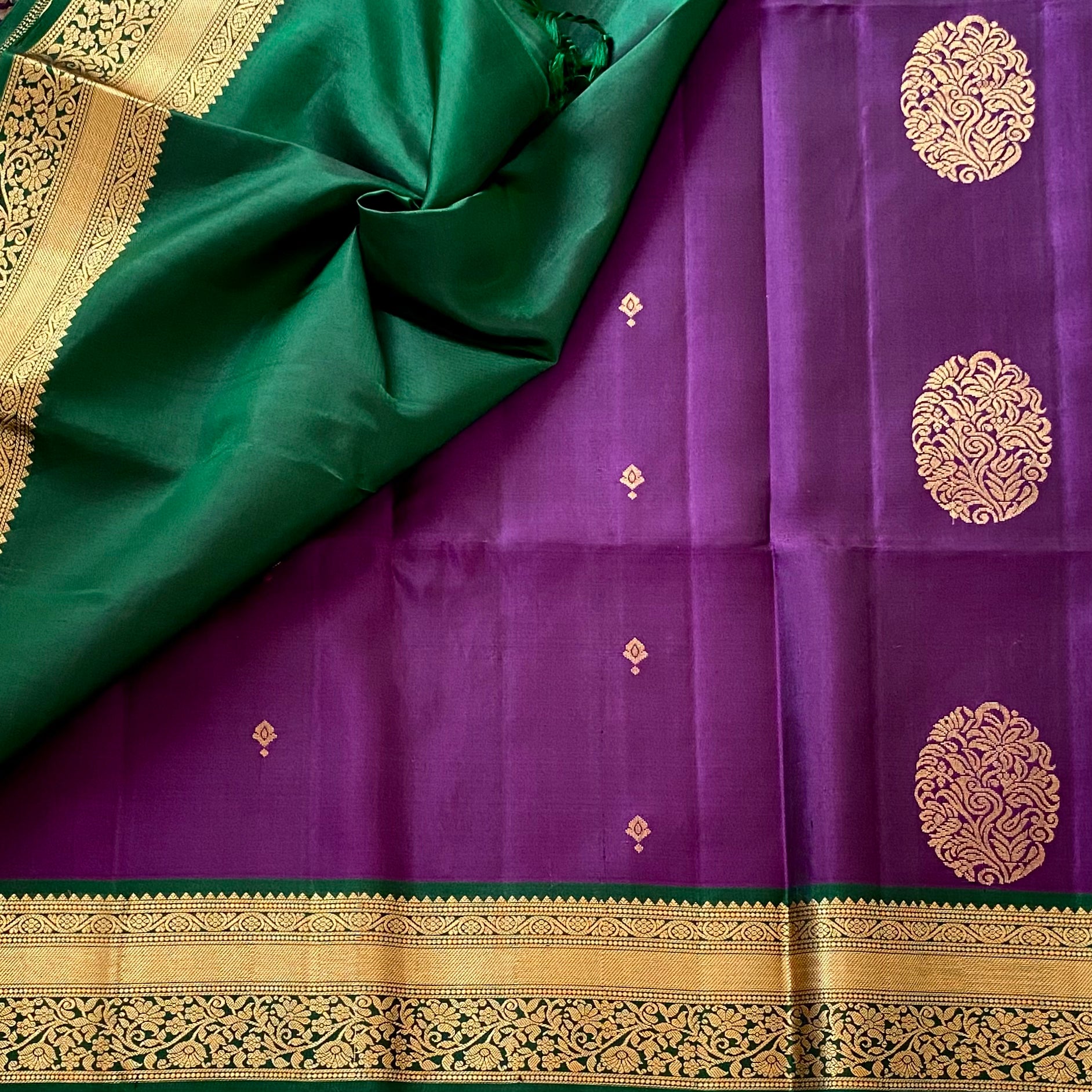 Deep Purple Designer Pure Silk with Emerald Green Zari Border