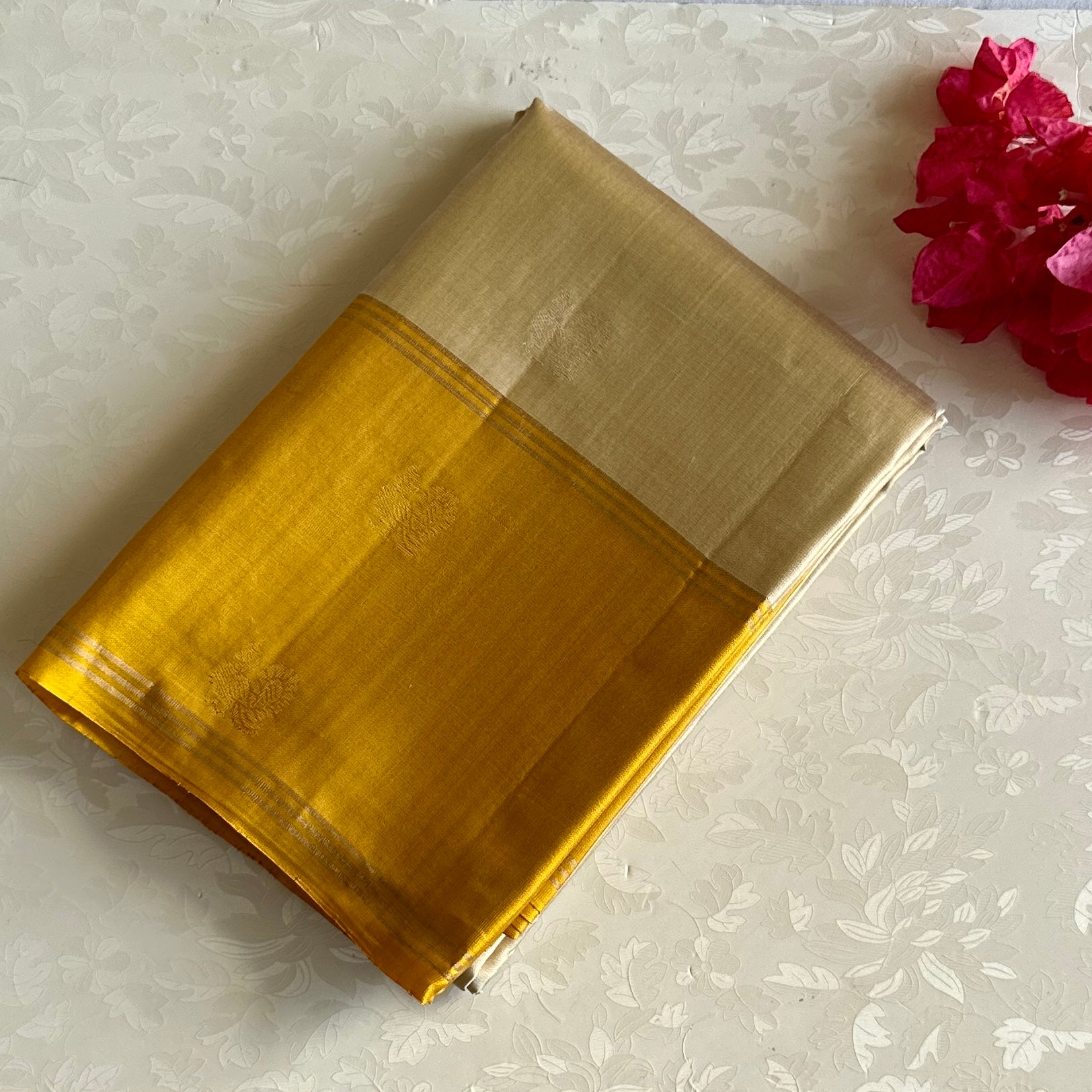 Mustard Yellow Designer Pure Silk Saree With Champagne Beige Contrast