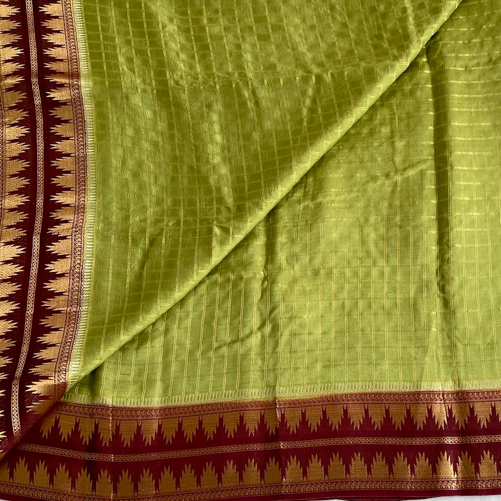 Chartreuse Green Soft Tussar Silk Saree Deep Maroon Pallu Gold Zari