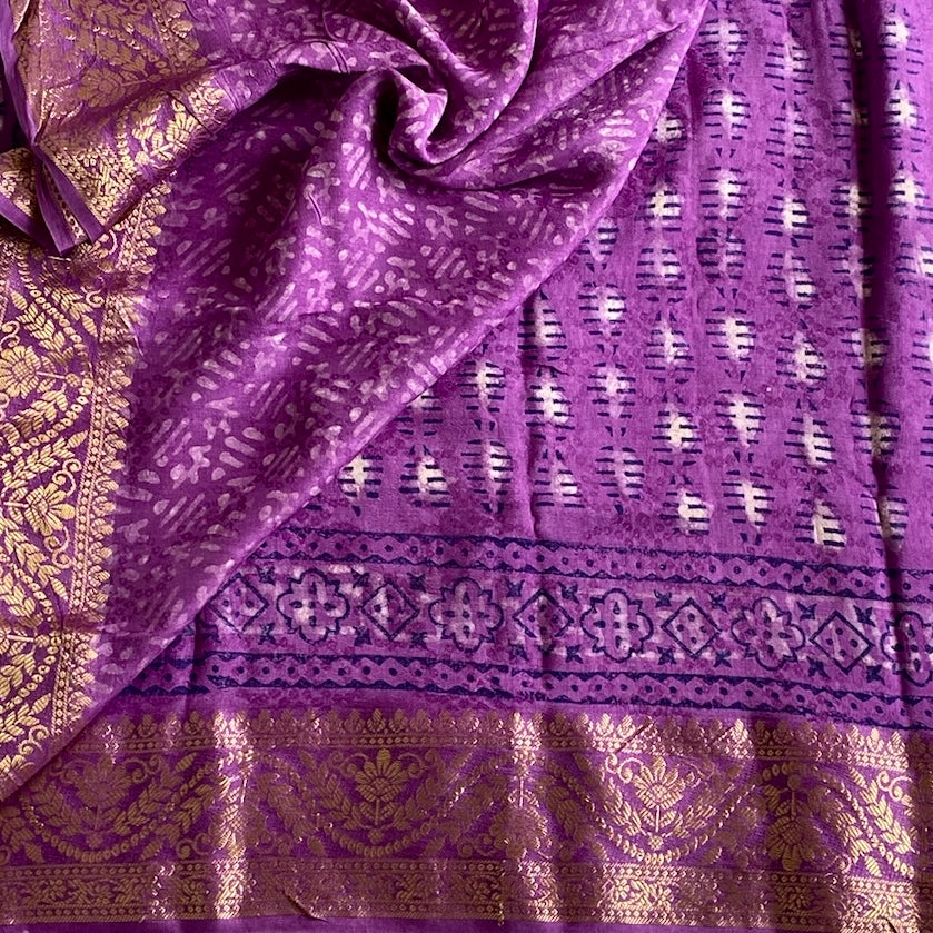 Royal Purple AJRAKH HANDBLOCK PRINTED tussar SILK Saree With Antique Gold Brocade Border
