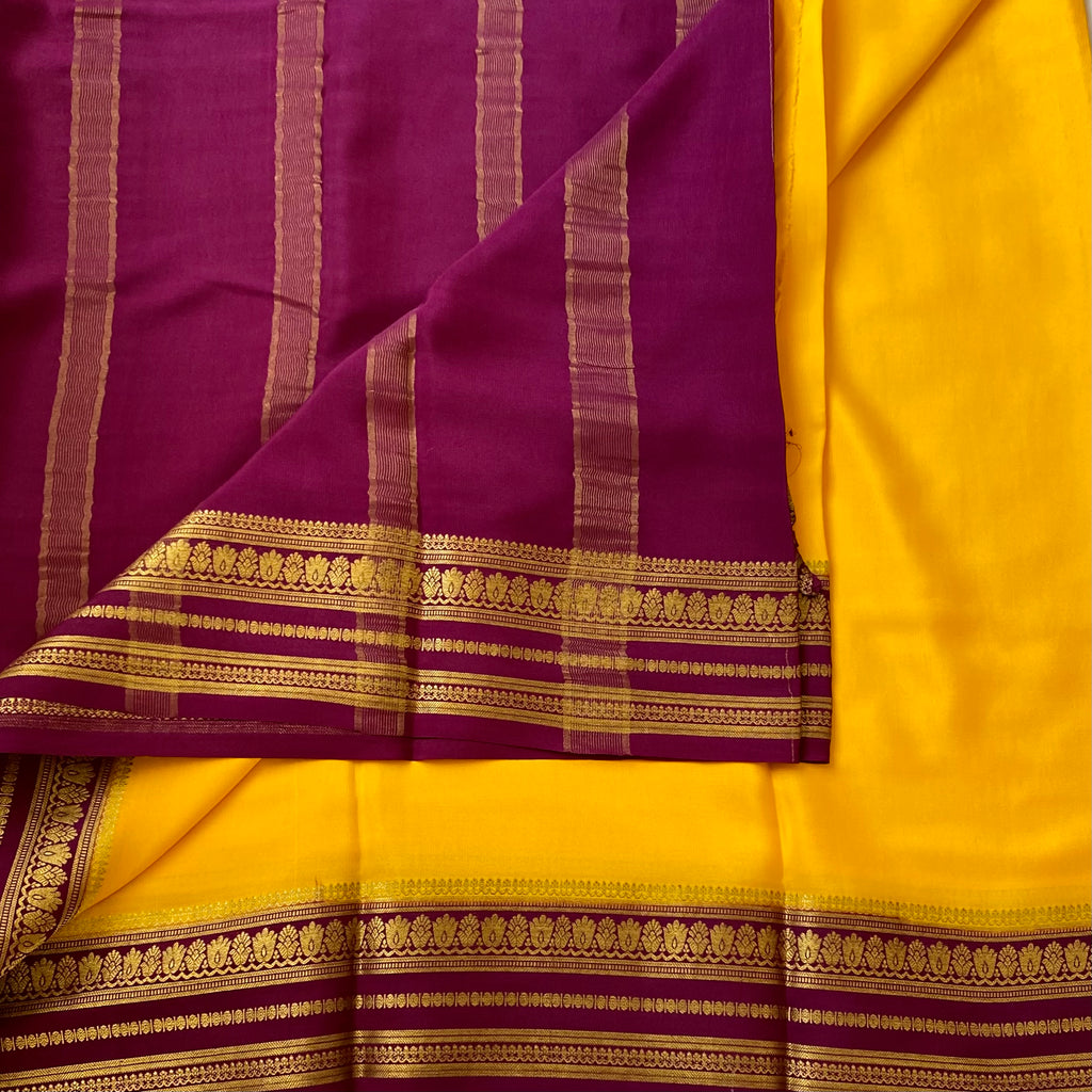 Mustard Yellow Saree with Plum Gold Zari Border Traditional Wear