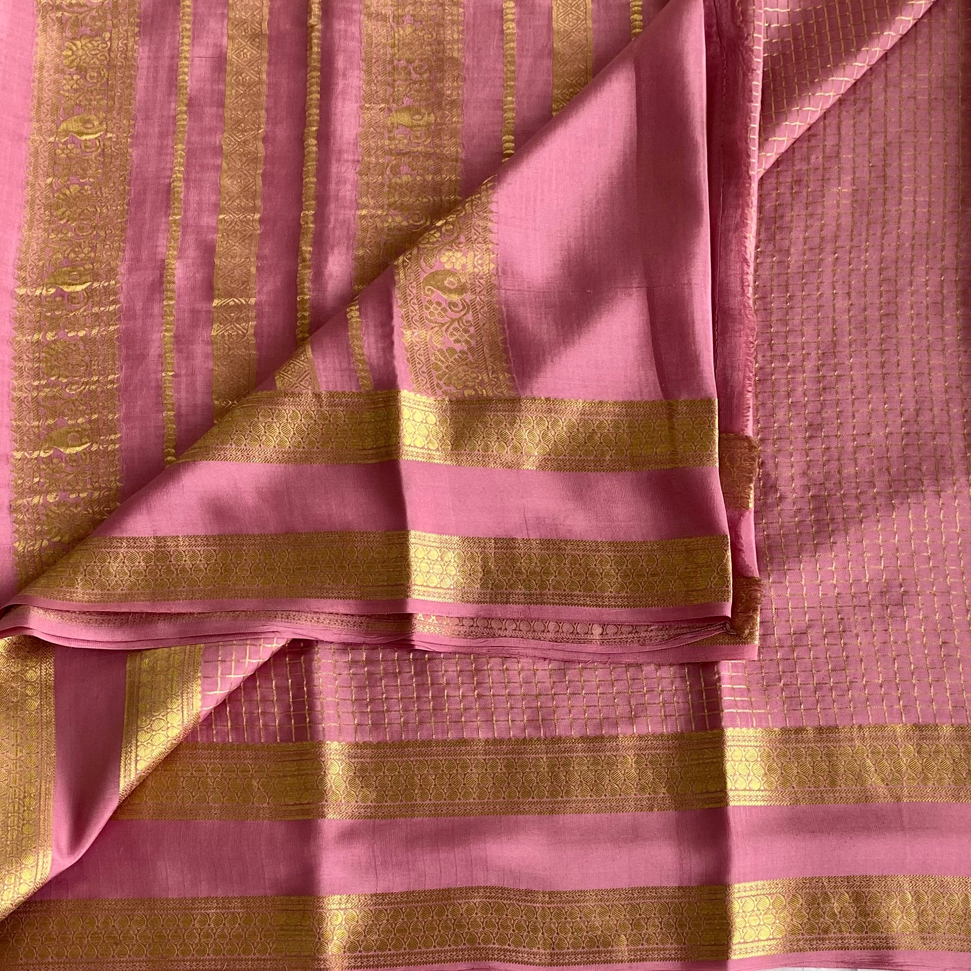 Rose Pink Gold Mysore Crepe Silk Saree With Floral Stripes