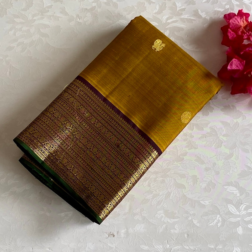 Mustard Yellow Kanjeevaram Pure Zari Silk Saree With Deep Maroon Pallu