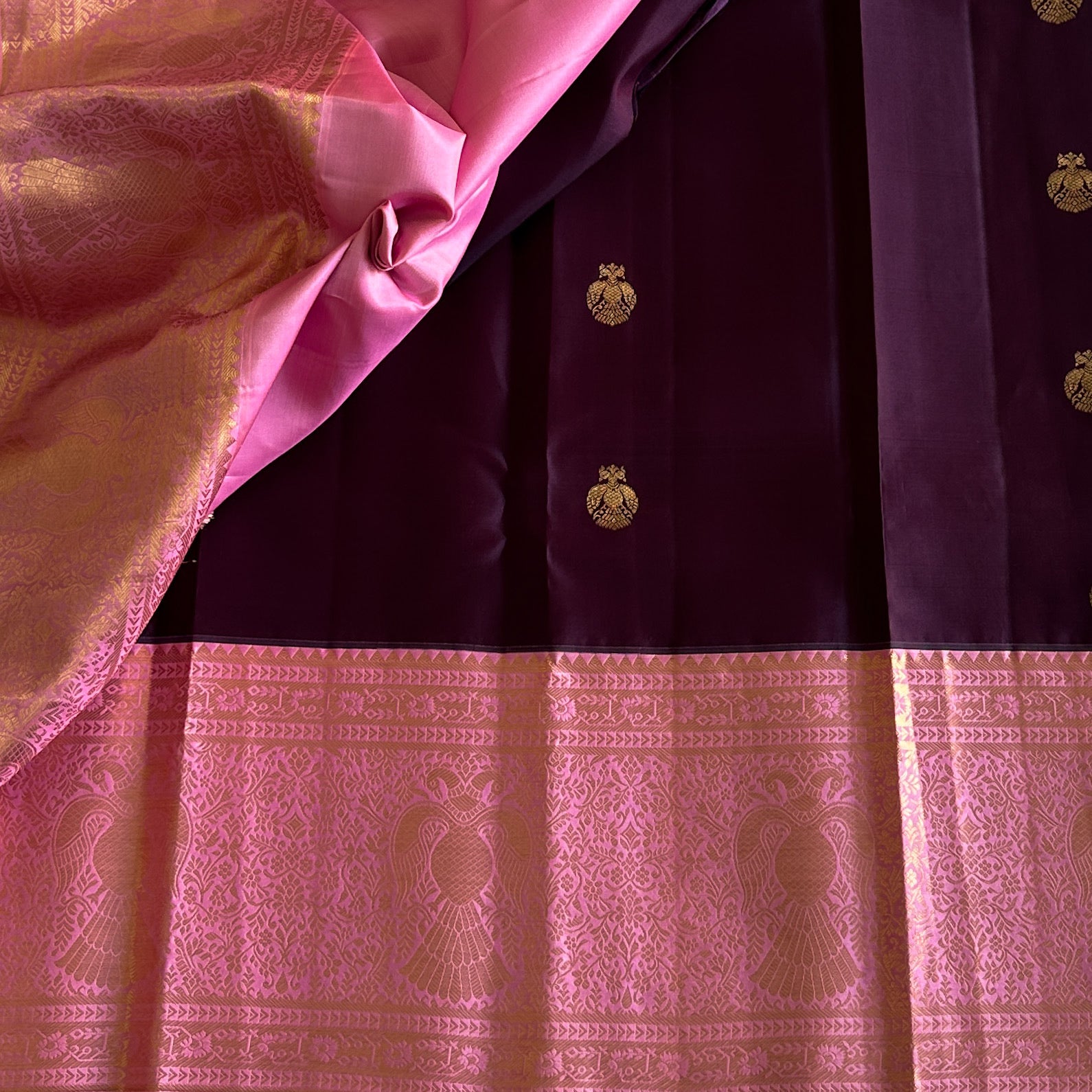 Regal Handwowen Masterweave Collective - Deep Purple with Rose Pink Kanjeevaram With Pure Zari Stunner