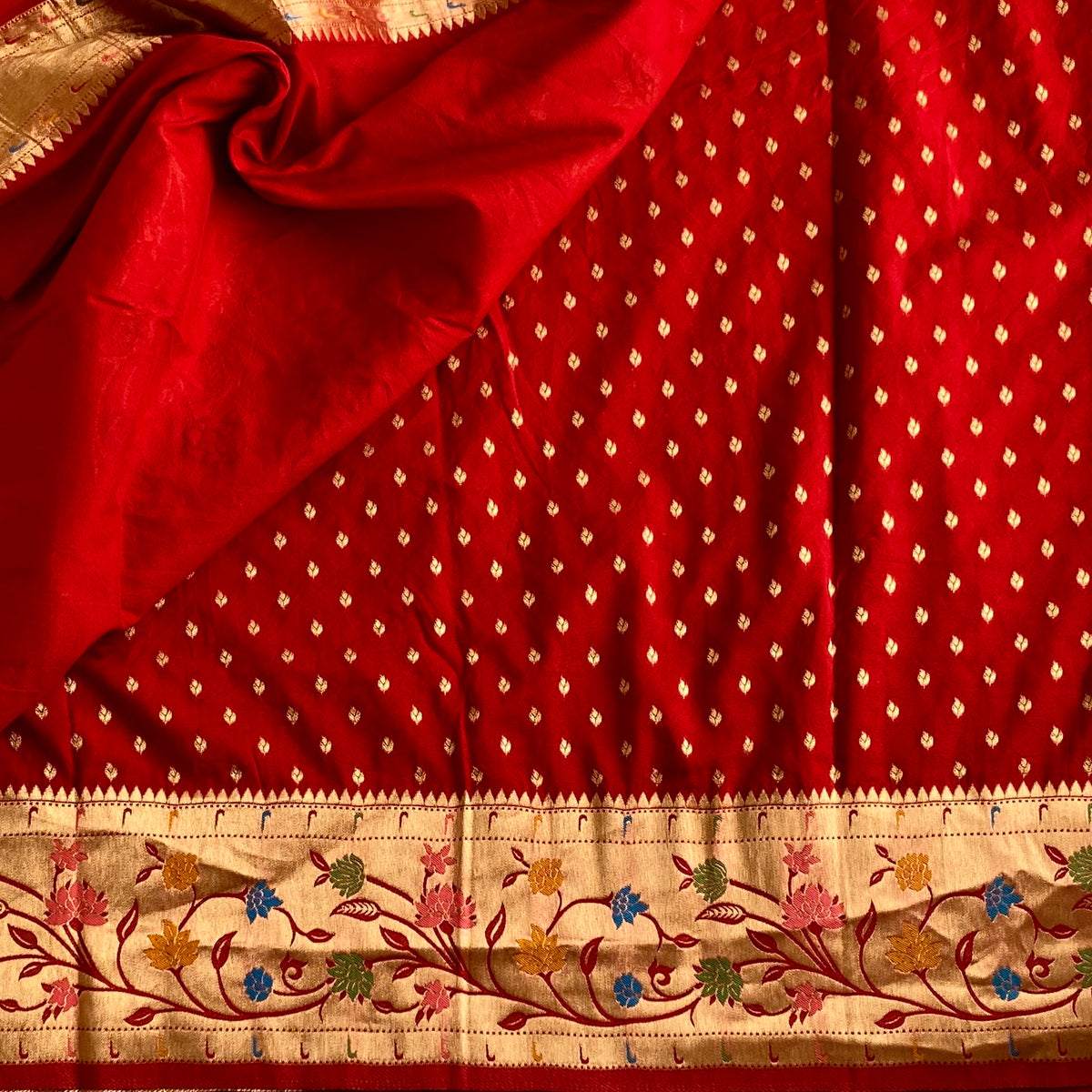 Crimson Red Soft Crepe Silk Saree With Antique Gold Pallu Border