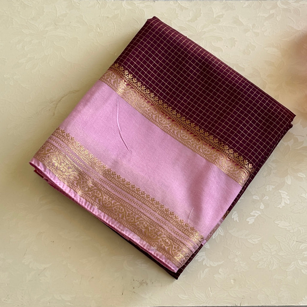 Traditional Maroon Pink Silk Saree With Gold Brocade Zari Border