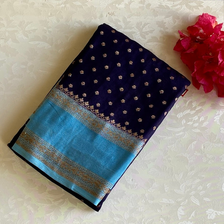 Midnight Navy And Turquoise Blue Banarasi Crepe Silk Saree With Zari Brocade