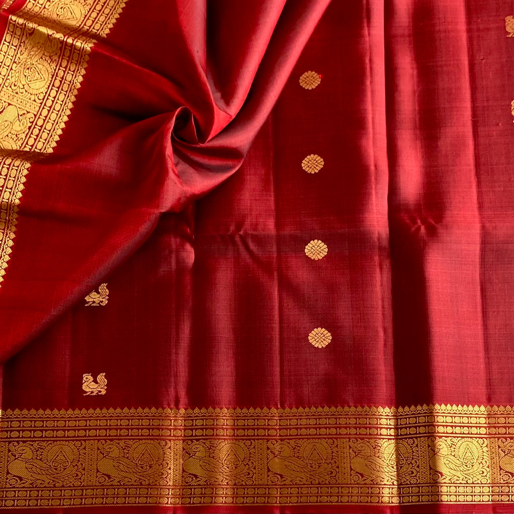 Deep Reddish Maroon Designer Pure Silk Saree With Antique Gold Zari