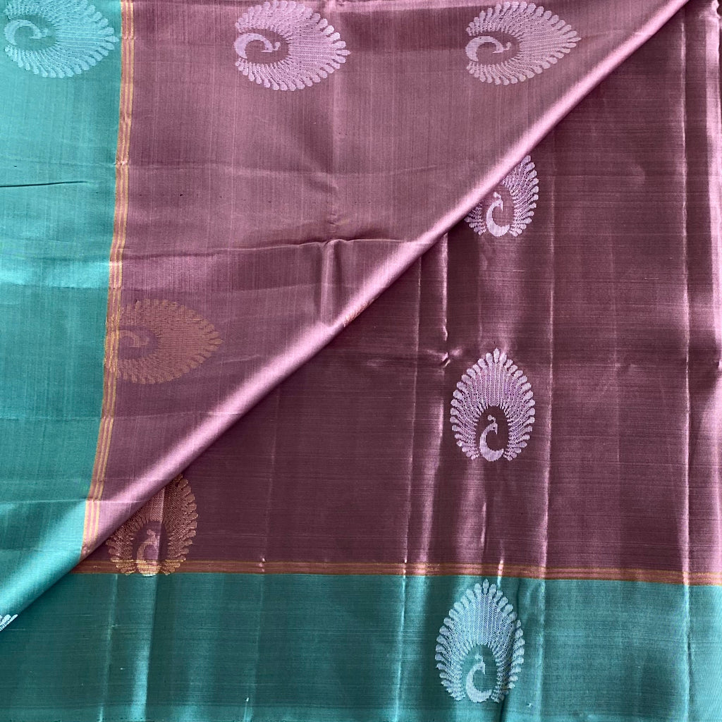 Teal Green Designer Pure Silk Saree With Plum Purple Pallu