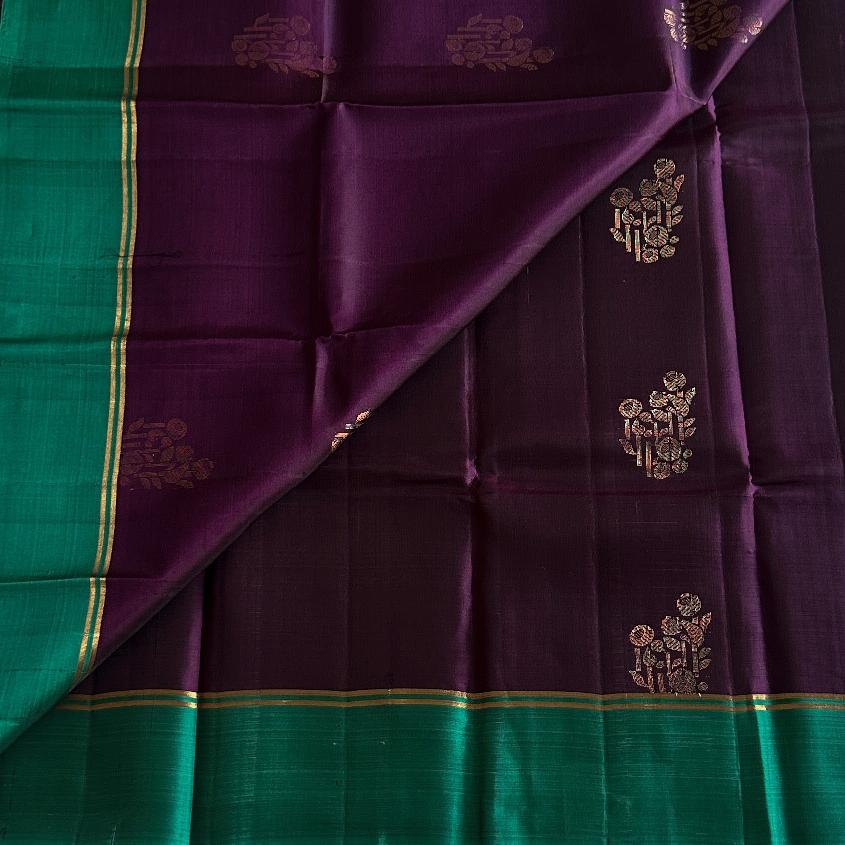 Teal Purple Silk Saree Gold Zari Hexagon Motif Wedding Attire