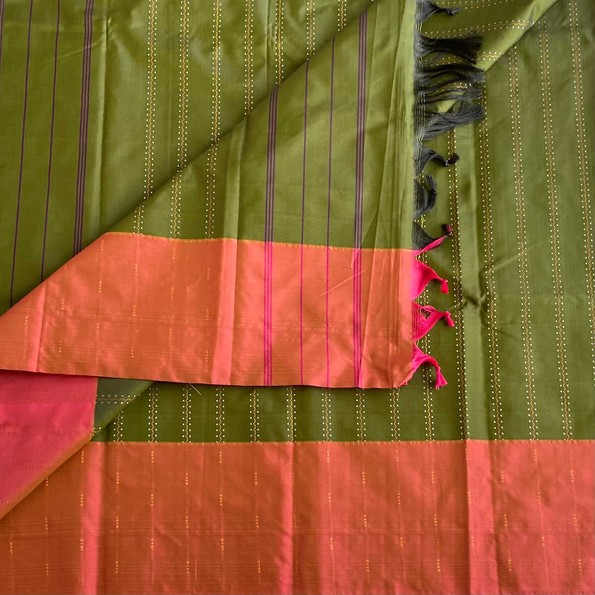 Olive Green Soft Mixed Silk Saree With Coral Orange Pallu