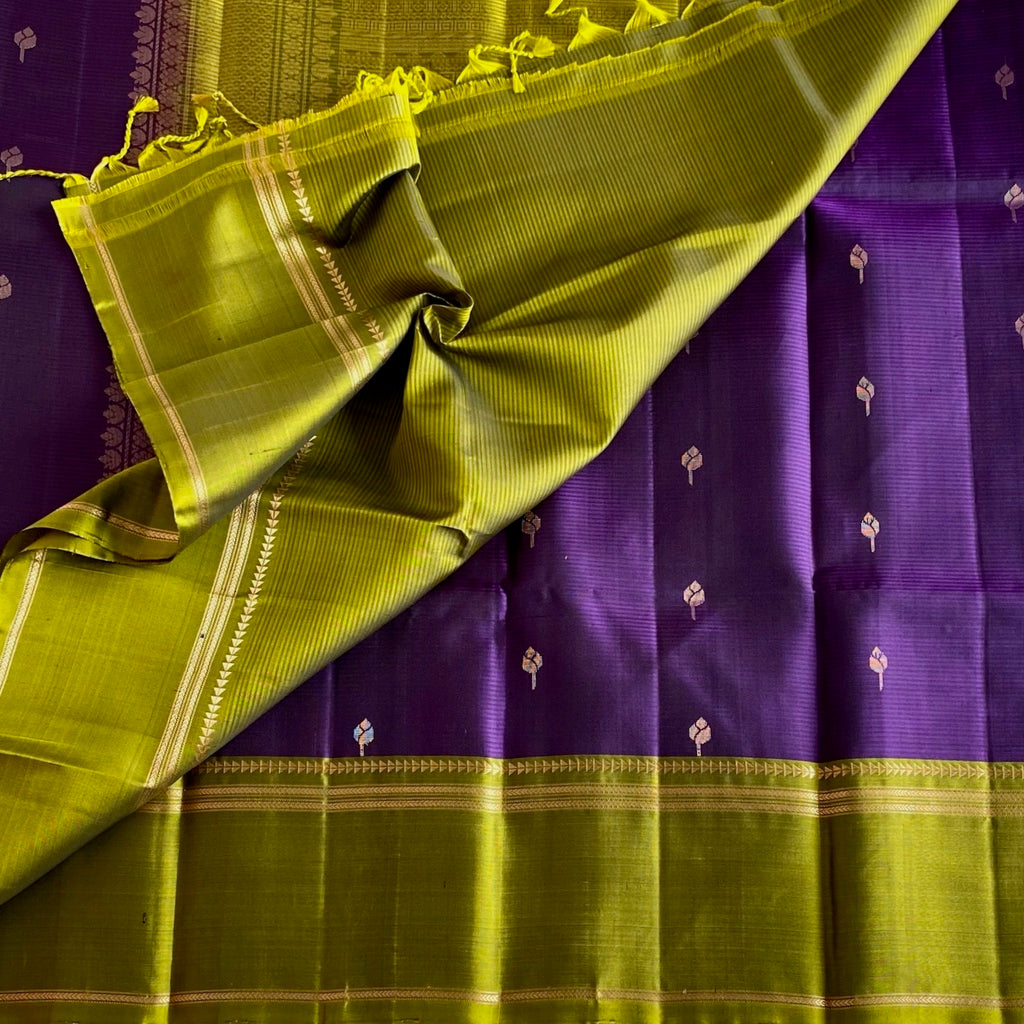 Olive Green Designer Pure Silk Saree With Royal Purple Pallu