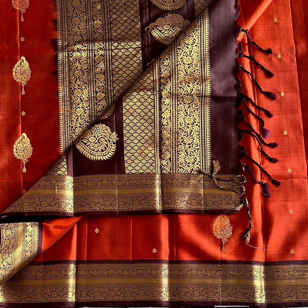 Rust Red Silk Saree with Purple Zari Pallu and Border